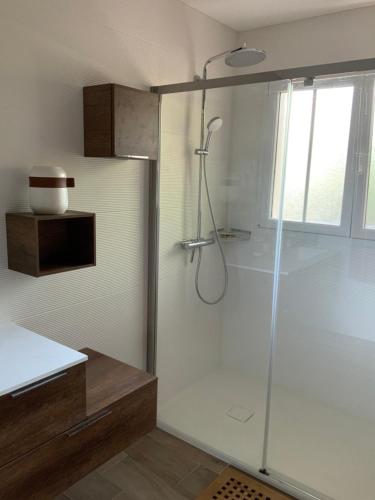 une salle de bain avec une douche avec une porte vitrée dans l'établissement Villa l Esquiro, à Lège-Cap-Ferret
