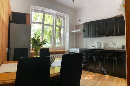 a kitchen with black cabinets and a table with chairs at Danes Square apartments with River View in Klaipėda
