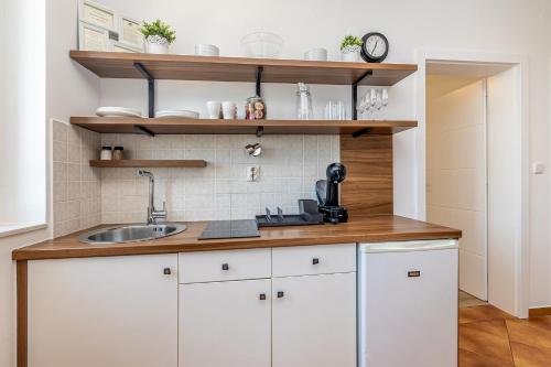 a kitchen with white cabinets and a sink at Villa Haya with heated pool in Linardići