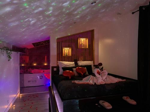 a bedroom with a bed with a star ceiling at Suite romantique Spa Balnéothérapie in Échirolles