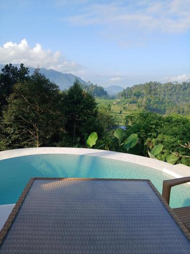 a swimming pool with a view of a mountain at Danaswari Bali Bamboo House in Selat