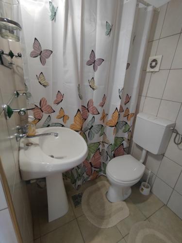 une salle de bain avec toilettes et un rideau de douche avec des papillons dans l'établissement Camere de inchiriat EDELWEISS, à Dumbrava Roşie
