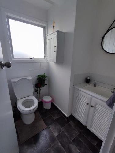 a bathroom with a toilet and a sink and a window at Home with sea views in New Plymouth