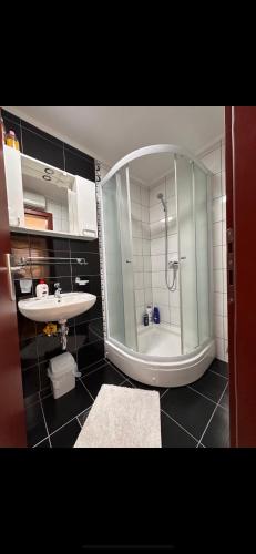 a bathroom with a shower and a sink at Apartman T&A in Trebinje