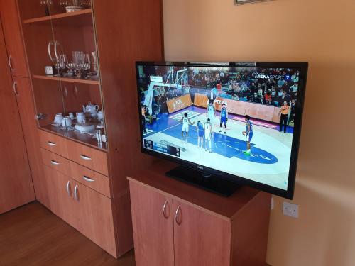 a flat screen tv sitting on top of a wooden cabinet at Apartmani Mile in Soko Banja
