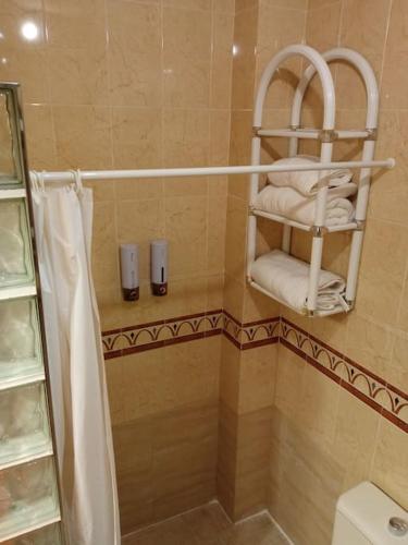 a bathroom with a shower with a toilet and towels at Piso Auringis in Jaén