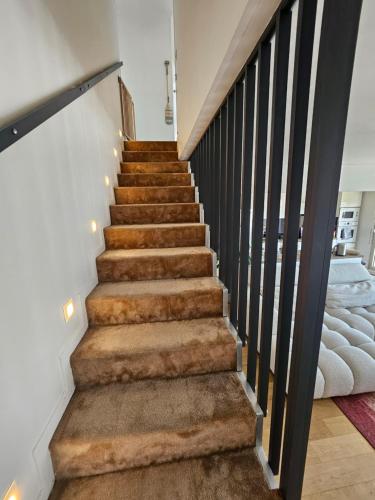 a set of stairs in a home with brown carpet at Le Duplex in Antibes