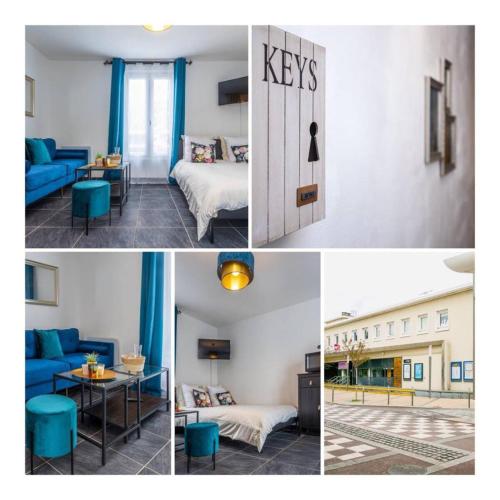 un collage de photos d'une chambre d'hôtel avec des meubles bleus dans l'établissement Charmant studio proche Disneyland face à la gare, à Thorigny-sur-Marne