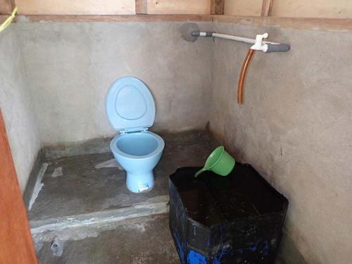 a bathroom with a blue toilet in a stall at Adefiro homestay in Waisai