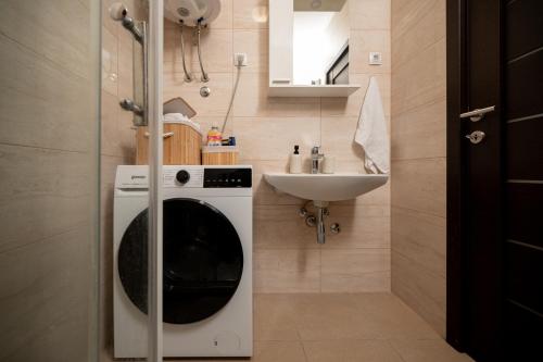 un baño con lavadora junto a un lavabo en La Casa Studio Apartman, en Subotica