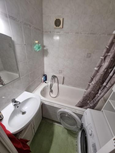 a bathroom with a sink and a tub and a toilet at Slnečný apartmán u Klaudii in Levice