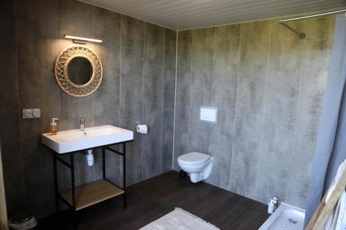une salle de bain avec un lavabo et des toilettes dans l'établissement Caravane Airstream bord de lac, à Saint-Loubès
