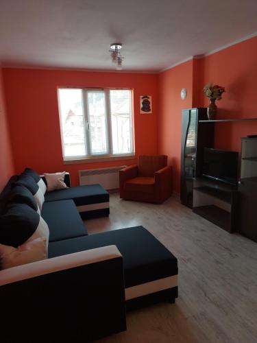 a living room with a couch and a television at Viktoria House in Sapareva Banya