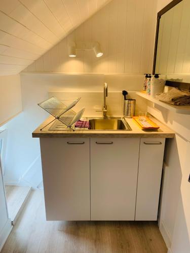 une petite cuisine avec un évier et un comptoir dans l'établissement Aux couleurs de Commarin CHAMBRES d'hôtes, à Commarin