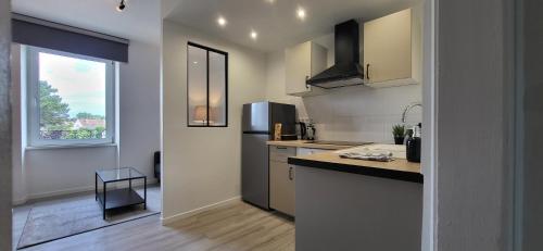 une cuisine avec un comptoir et une fenêtre dans l'établissement Appartement lumineux 2 chambres, à Colmar