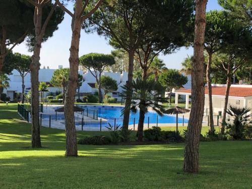 a view of a swimming pool between trees at Casa Hortensia in Chiclana de la Frontera