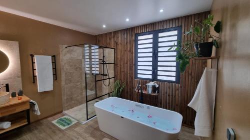 a bathroom with a large tub and a shower at Villa des pins by Kaz'Ida in Cilaos