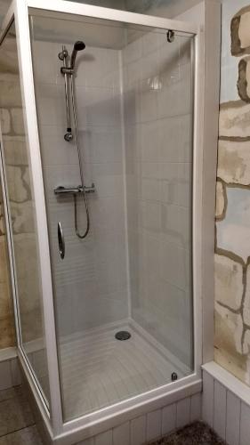 une douche avec une porte vitrée dans une salle de bain dans l'établissement Logement tranquille et frais proche gare au RDC, à Saumur