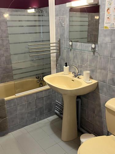 une salle de bain avec un lavabo, des toilettes et une baignoire dans l'établissement Auberge de la chesnaie, à Pleudihen-sur-Rance