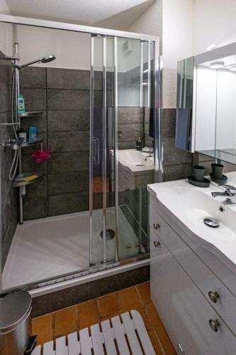 une salle de bain avec douche et lavabo dans l'établissement T2 en bord de mer à St Aygulf, à Fréjus