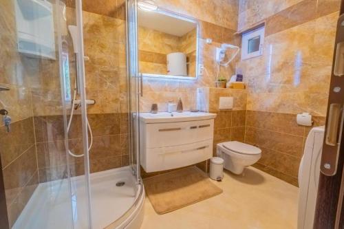 a bathroom with a shower and a sink and a toilet at La Dama in Novi Vinodolski