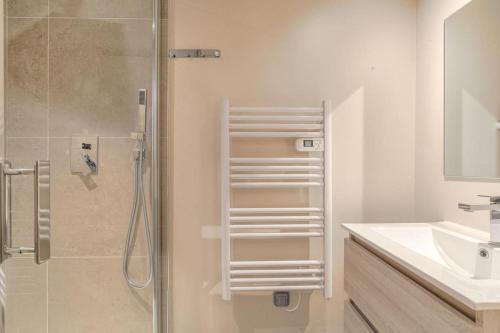 une salle de bain avec douche et lavabo dans l'établissement Appartement chaleureux pour 4, Villeurbanne-Cusset, à Villeurbanne