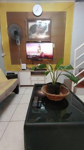 a living room with a tv and a plant on a table at Blima Guest house in Malolos