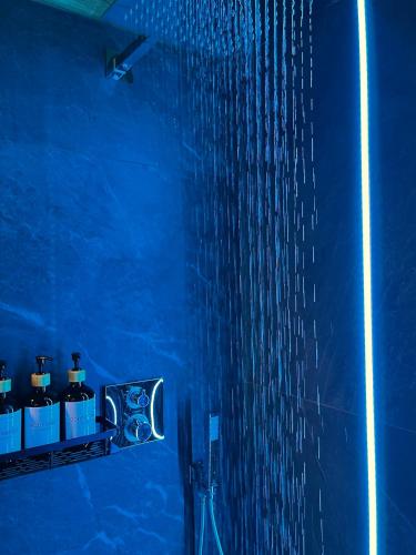 a blue bathroom with a shower with a blue wall at La famille d'Evian in Villeneuve