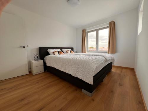 ein Schlafzimmer mit einem Bett und einem Fenster in der Unterkunft Het Duintje in Egmond aan Zee