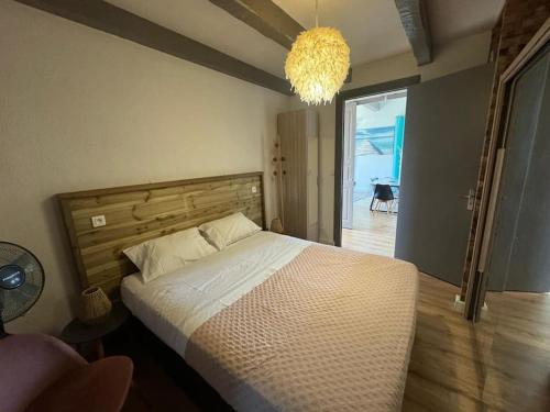 une chambre avec un grand lit et un lustre dans l'établissement Rez de villa avec jardin à 6 min des plages, à Cannes