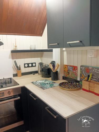 a kitchen with a counter top with a counter sidx sidx sidx at Le chalet Bambou in Étang-Salé