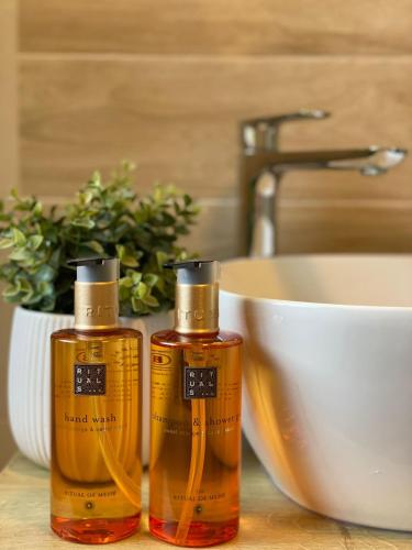 two bottles of soap sitting on a counter next to a sink at B&B Plitvica Creek in Plitvica Selo