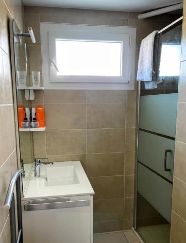 une petite salle de bain avec un lavabo et une fenêtre dans l'établissement Le STUDIO, à Barbâtre