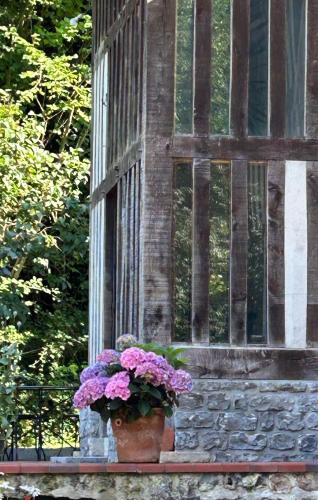 un vase rempli de fleurs violettes posé sur une fenêtre dans l'établissement Les Hortensias, à Manerbe