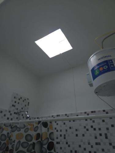 a bathroom with a shower with a light on the ceiling at Chenille House HOSTAL con garaje y jardín in Munro
