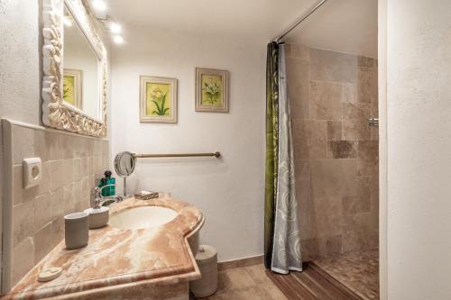 une salle de bain avec un lavabo et une douche dans l'établissement Les chambres du Mas Peu del Causse, à Sainte-Colombe
