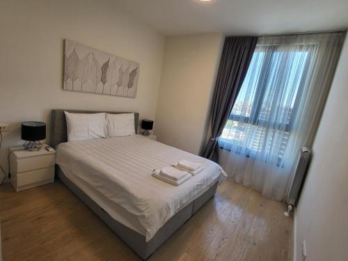 a bedroom with a bed with white sheets and a window at BW Waterfront LUX apartment, parking free in Sajmište