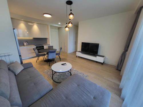 a living room with a couch and a table at BW Waterfront LUX apartment, parking free in Sajmište