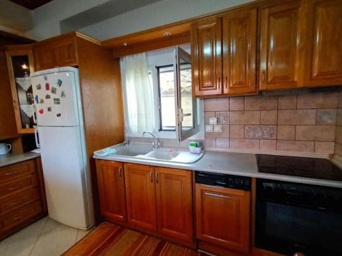 a kitchen with wooden cabinets and a white refrigerator at MetaxiasAndMariasHouse in Leonidion