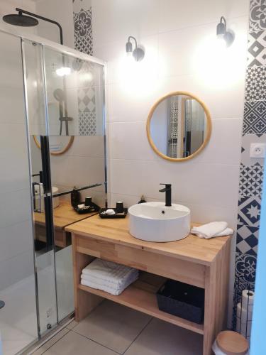 a bathroom with a sink and a mirror at ETCHE ARGUINIA CHAMBRES HOTES et SPA in Montory