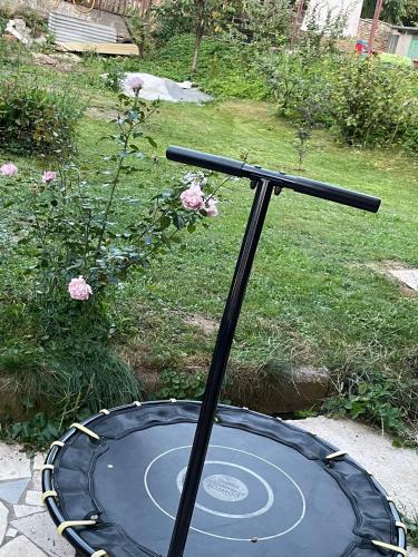 an umbrella sitting on the ground in a yard at Apartmány Kašper in Levoča