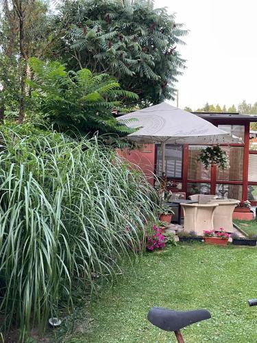 a house with a table and a tree in a yard at Apartmány Kašper in Levoča