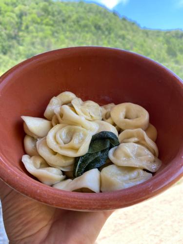 a person holding a red bowl of pasta at Hotel della valle in Vernante
