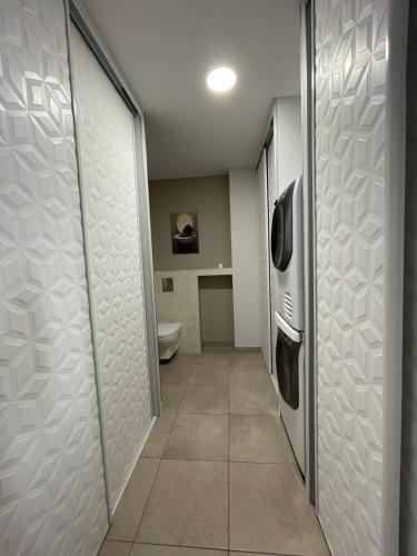 a bathroom with a toilet and a walk in shower at Appart du faubourg in Valence