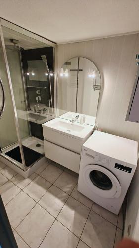 une salle de bain avec une machine à laver et un lavabo dans l'établissement pavillon 40m2, 2 Chambres, 1 salon cuisine, 1sdb, à Gruissan