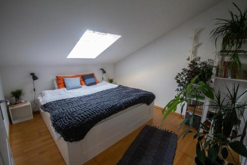 a bedroom with a bed with orange and blue pillows at Viktorias home in Viskovo