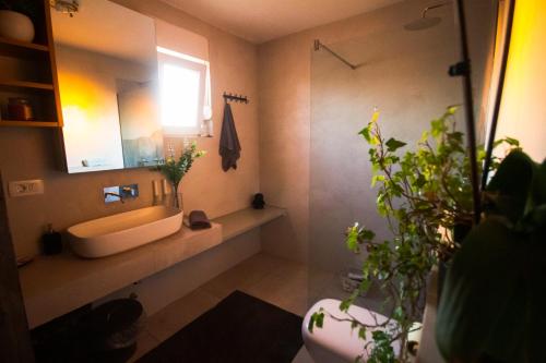 a bathroom with a sink and a toilet and a mirror at Viktorias home in Viskovo