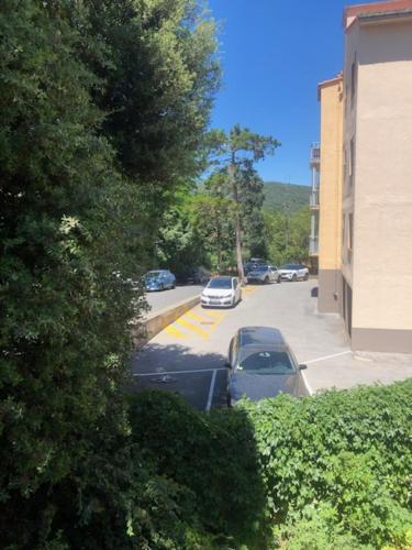 une rue avec des voitures garées dans un parking dans l'établissement Studio soleil montagne et rivière, à Amélie-les-Bains-Palalda