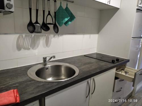 阿罗纳Appartamento los cristianos torres del sol的厨房柜台配有水槽和餐具