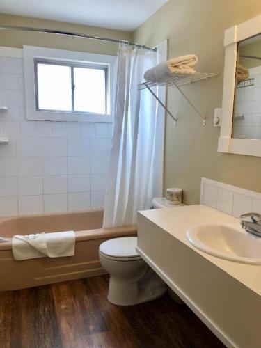 a bathroom with a toilet and a sink and a window at Canterbury Inn in Invermere